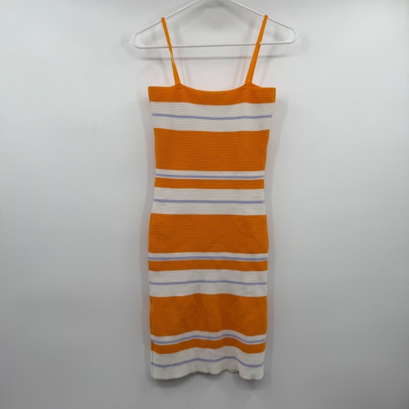 Lulus Dress Women Medium Orange White Striped Sleeveless Bodycon Mini Ribbed - Picture 4 of 10